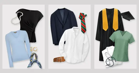 Three coordinated outfit flat-lays — a women's blouse, a navy suit with shirt and tie, and a graduation gown with nursing scrubs — showing what to wear for composite photos.