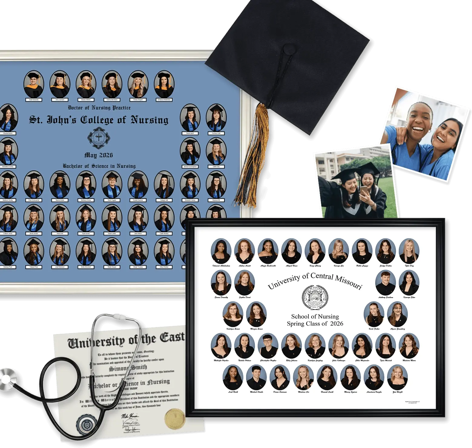 A collage showcasing sample nursing school composites, including a framed St. John's College of Nursing Doctor of Nursing Practice composite from May 2026 on a blue background, a framed University of Central Missouri School of Nursing Spring Class of 2026 composite on white, a graduation cap with gold tassel, a nursing diploma, a stethoscope, and two candid photos of smiling nurses.