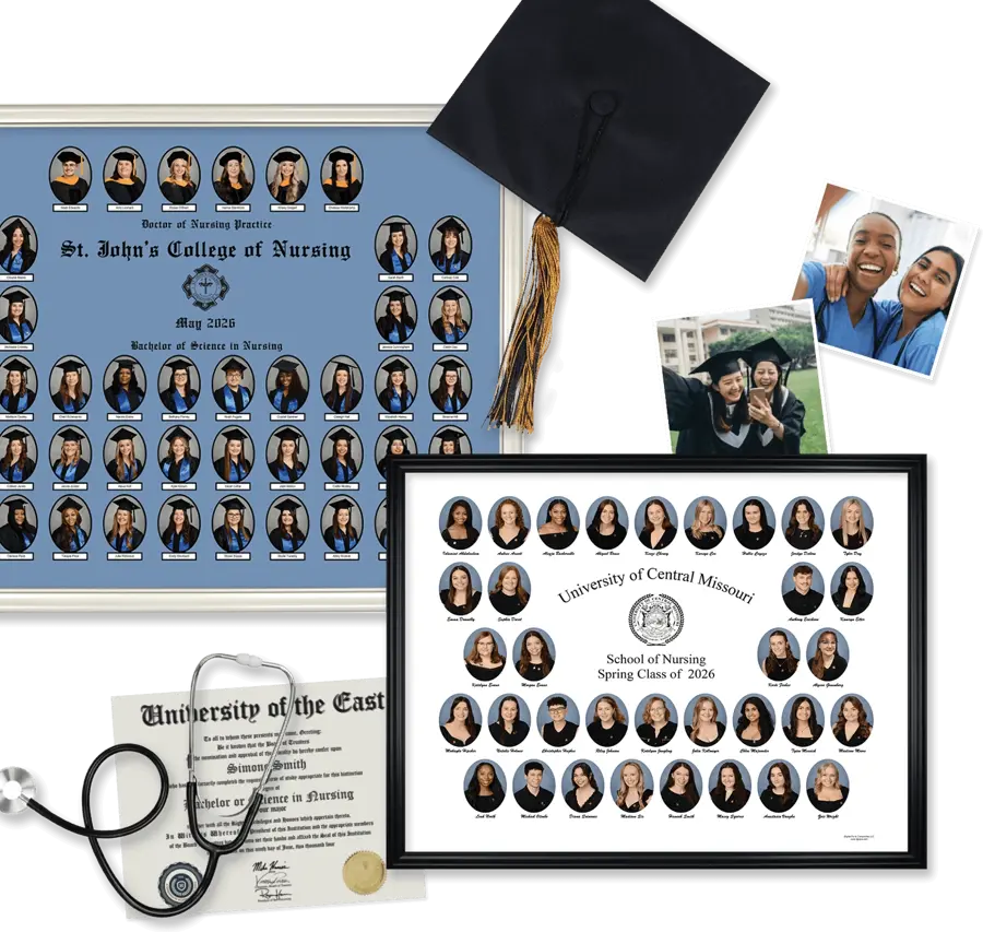 A collage showcasing sample nursing school composites, including a framed St. John's College of Nursing Doctor of Nursing Practice composite from May 2026 on a blue background, a framed University of Central Missouri School of Nursing Spring Class of 2026 composite on white, a graduation cap with gold tassel, a nursing diploma, a stethoscope, and two candid photos of smiling nurses.