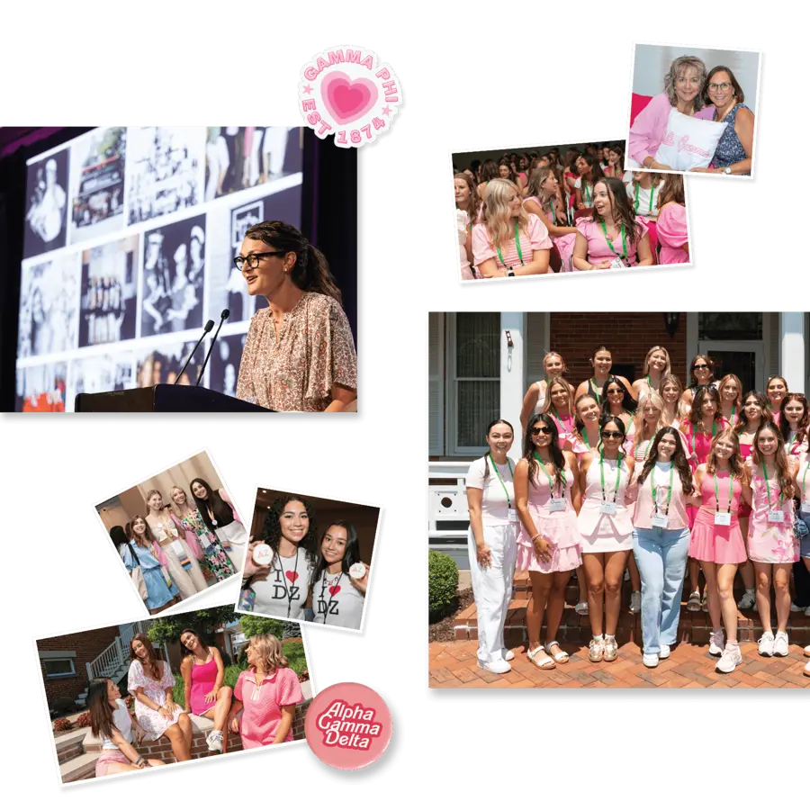 A collage of sorority event photos—a speaker at a podium, members seated at a gathering, friends posing together, and a large group on the steps of a chapter house—accented with Gamma Phi and Alpha Gamma Delta badges.