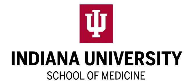 Indiana University School of Medicine official logo featuring the IU trident symbol in white on a crimson square alongside the full institution name in black serif lettering