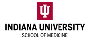 Indiana University School of Medicine official logo featuring the IU trident symbol in white on a crimson square alongside the full institution name in black serif lettering