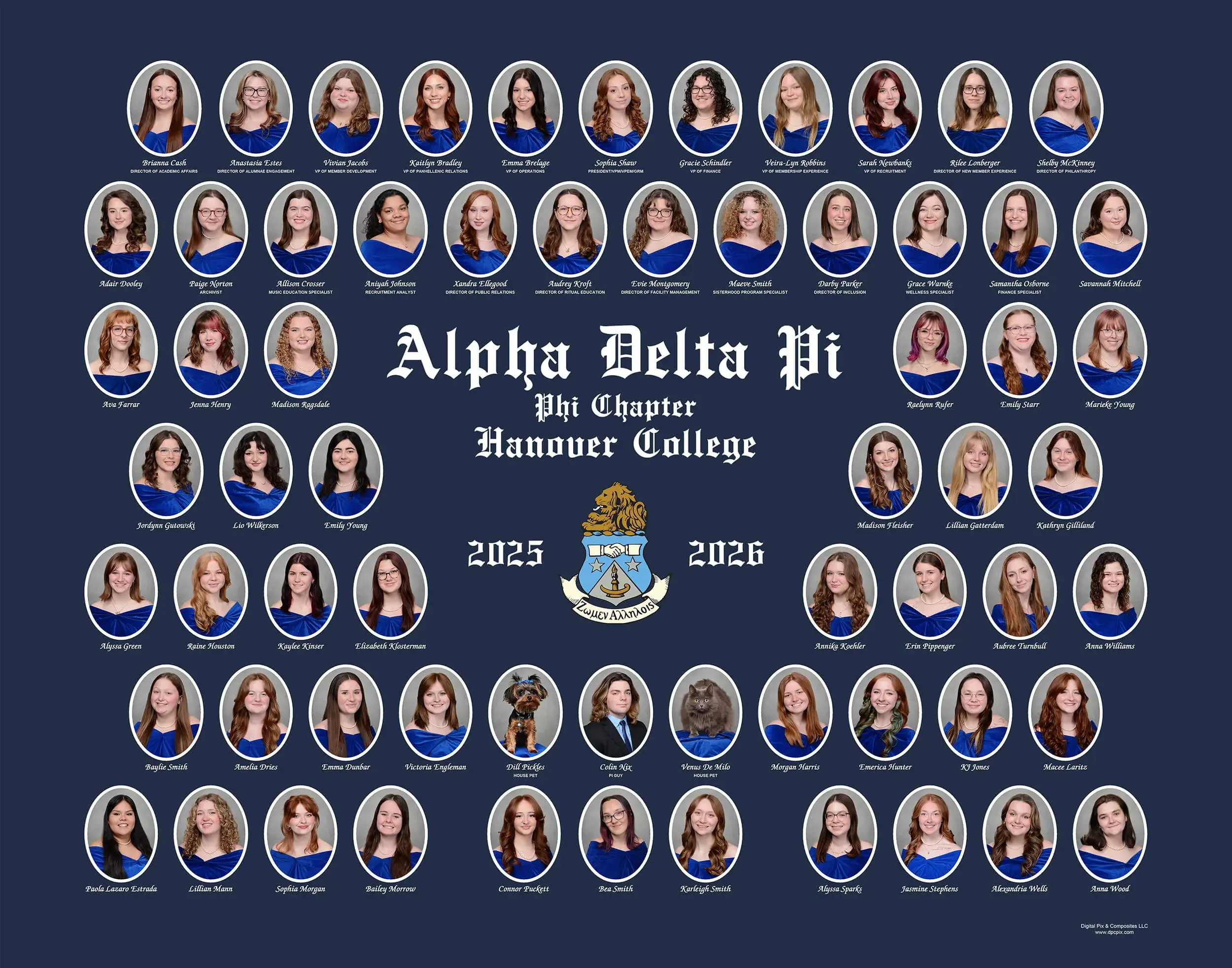 Alpha Delta Pi sorority composite with oval portraits of girls in blue shawls outlined in white arranged in rows with "Alpha Delta Pi, Phi Chapter, Hanover College" in the middle and the years 2025-2026 with the Alpha Delta Pi coat of arms on a navy blue background.