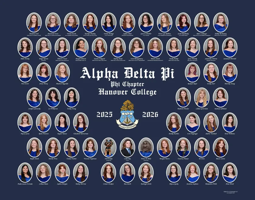 Alpha Delta Pi sorority composite with oval portraits of girls in blue shawls outlined in white arranged in rows with "Alpha Delta Pi, Phi Chapter, Hanover College" in the middle and the years 2025-2026 with the Alpha Delta Pi coat of arms on a navy blue background.