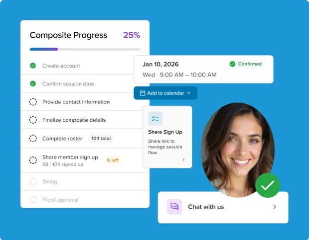Composite Portal UI illustration showing a progress checklist and a chat-with-us widget alongside a reviewer phot.