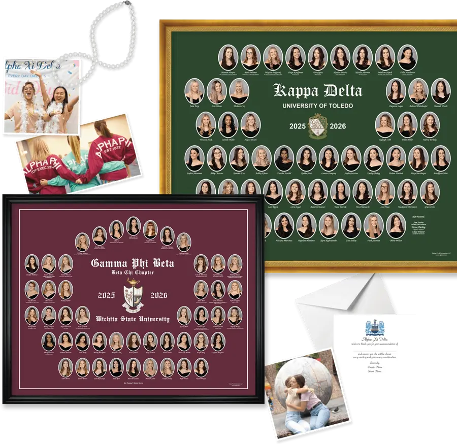 A collage showcasing sample sorority composites, including a framed Kappa Delta University of Toledo 2025–2026 composite on green, a framed Gamma Phi Beta Beta Chi Chapter Wichita State University 2025–2026 composite on maroon, a pearl necklace, candid photos of sorority members celebrating, an Alpha Xi Delta thank-you letter with envelope, and a photo of two women hugging. 