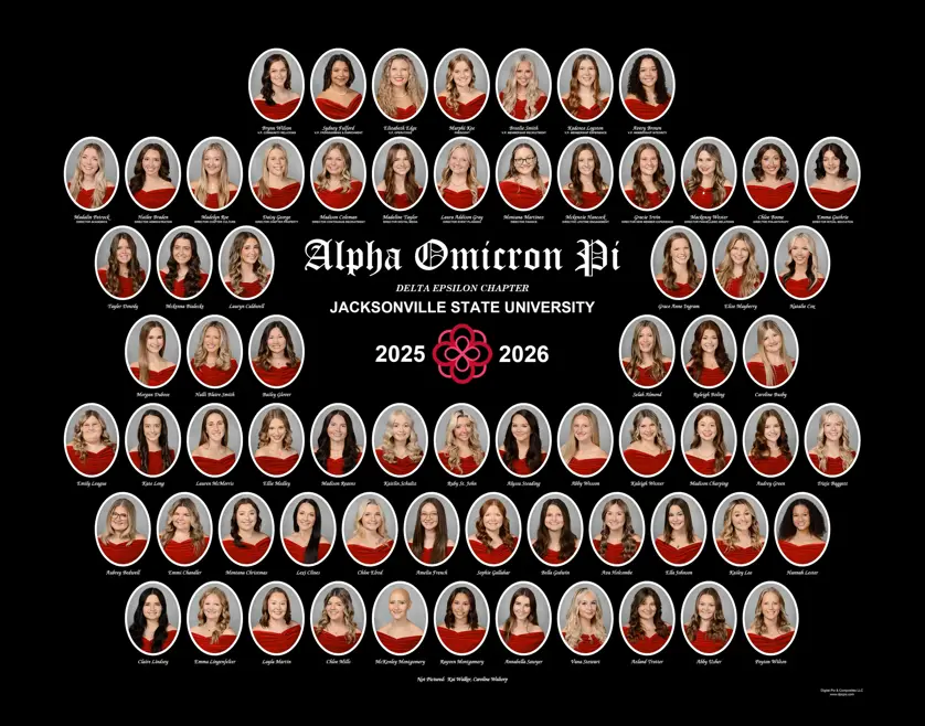 Alpha Omicron Pi sorority composite with oval portraits outlined in white arranged in rows with "Alpha Omicron Pi, Delta Epsilon Chapter" in the middle on a black background.