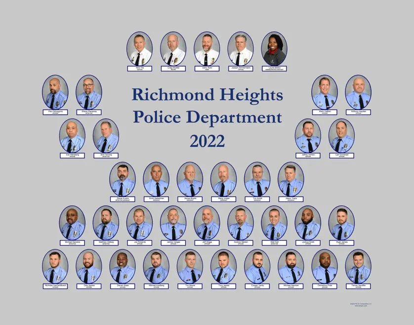 Richmond Heights Police Department law enforcement composite with oval portrait photos in blue frames arranged in rows around centered "Richmond Heights Police Department 2022" text on a gray background.