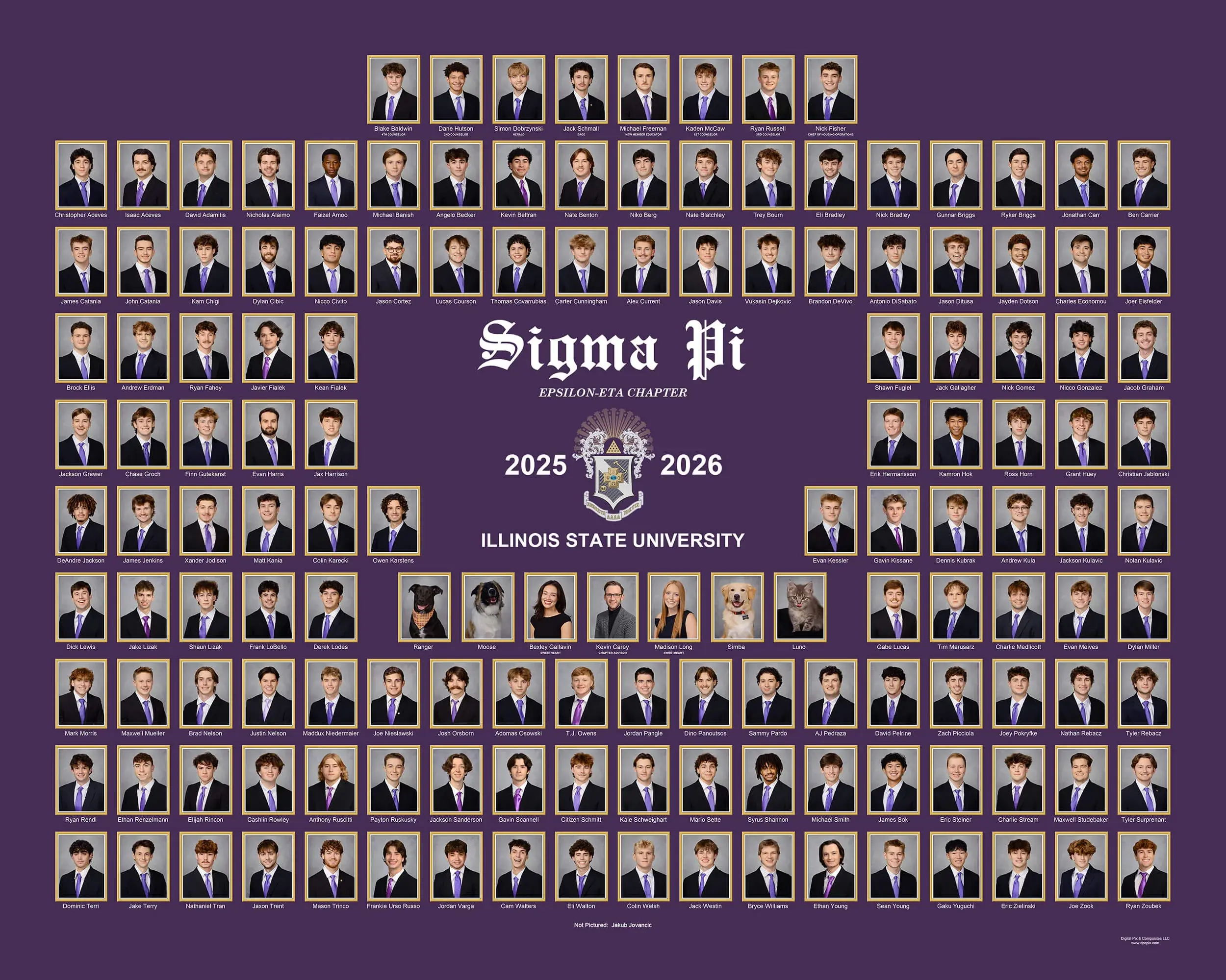 Sigma Pi fraternity composite with rectangular portrait photos in tan frames arranged in rows around a central crest and "Sigma Pi Epsilon-Eta Chapter 2025–2026 Illinois State University" text on a purple background.