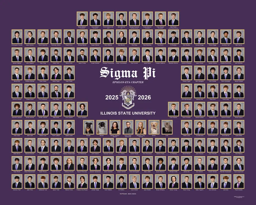 Sigma Pi fraternity composite with rectangular portrait photos in tan frames arranged in rows around a central crest and "Sigma Pi Epsilon-Eta Chapter 2025–2026 Illinois State University" text on a purple background.