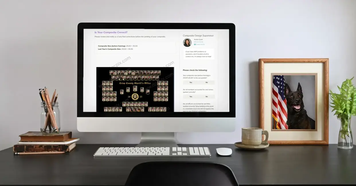 A desktop monitor displaying a composite proofing page titled "Is Your Composite Correct?", where a customer reviews a Crisp County Sheriff's Office composite and confirms size and spelling details with a design supervisor before printing.