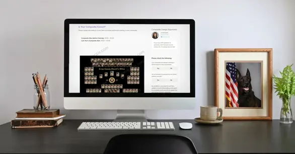 A desktop monitor displaying a composite proofing page titled "Is Your Composite Correct?", where a customer reviews a Crisp County Sheriff's Office composite and confirms size and spelling details with a design supervisor before printing.