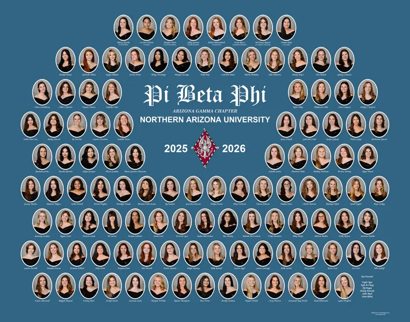 Pi Beta Phi sorority composite with oval portrait photos around a central badge and "Pi Beta Phi Arizona Gamma Chapter Northern Arizona University 2025–2026" text on a blue background. 