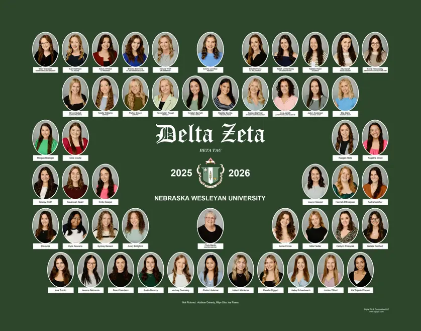 Sorority composite with oval portraits of girls in business casual attire arranged in rows with "Delta Zeta, Beta Tau" inthe middle along with the years 2025-2026 and the Delta Zeta coat of arms on a forrest green background.