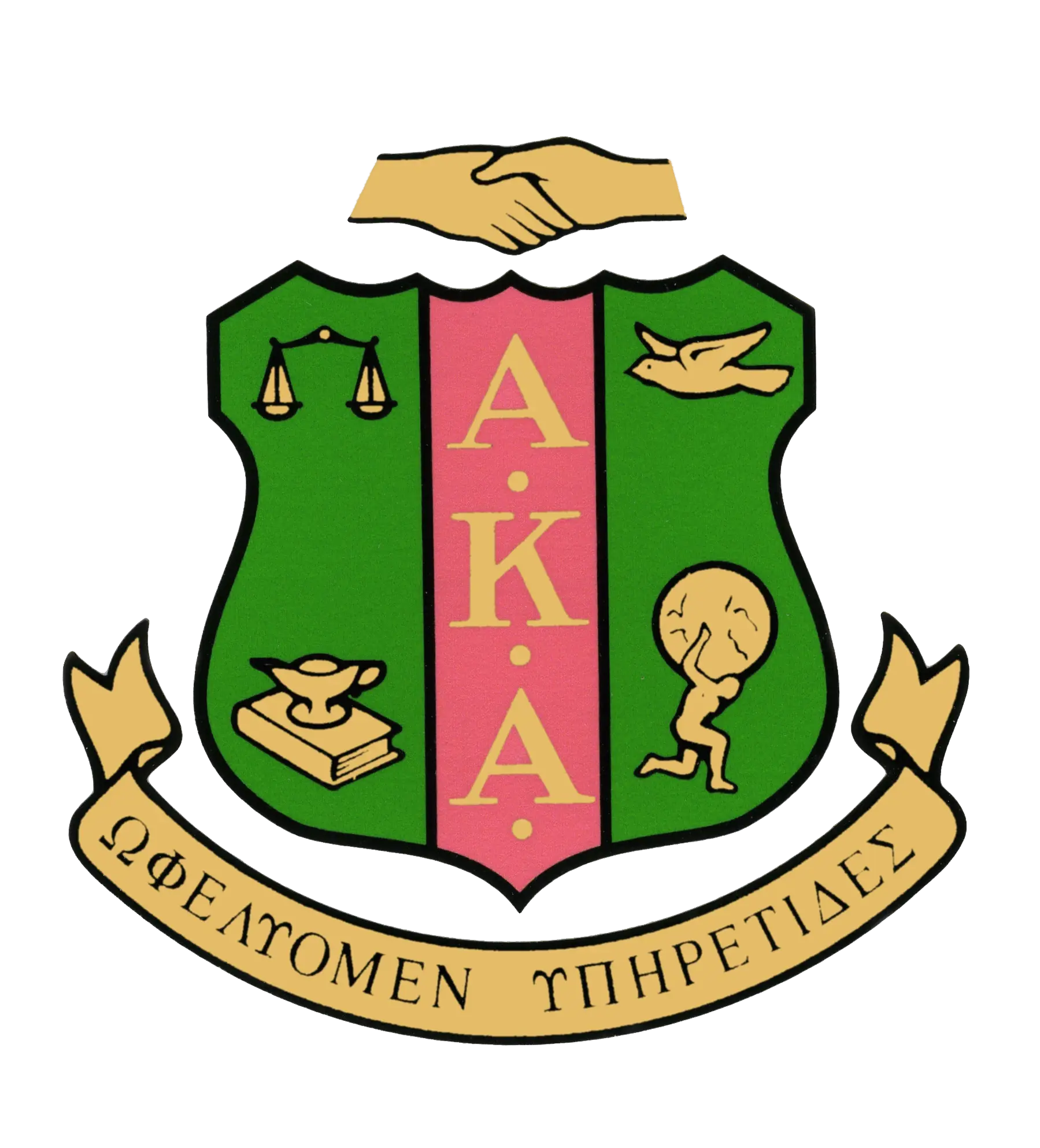 Alpha Kappa Alpha sorority crest featuring a green and pink shield with the letters "A.K.A.," scales of justice, a dove, an oil lamp with books, and a running figure, topped by clasped hands, with a gold banner reading