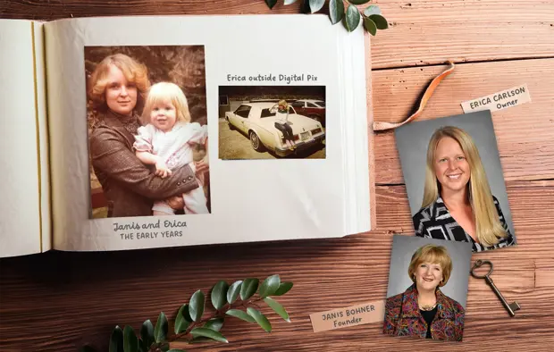 Old photo album with pictures of the founder and her daughter, now the owner, along with updated headshot wallets on a wood table with greenery and antique key. 