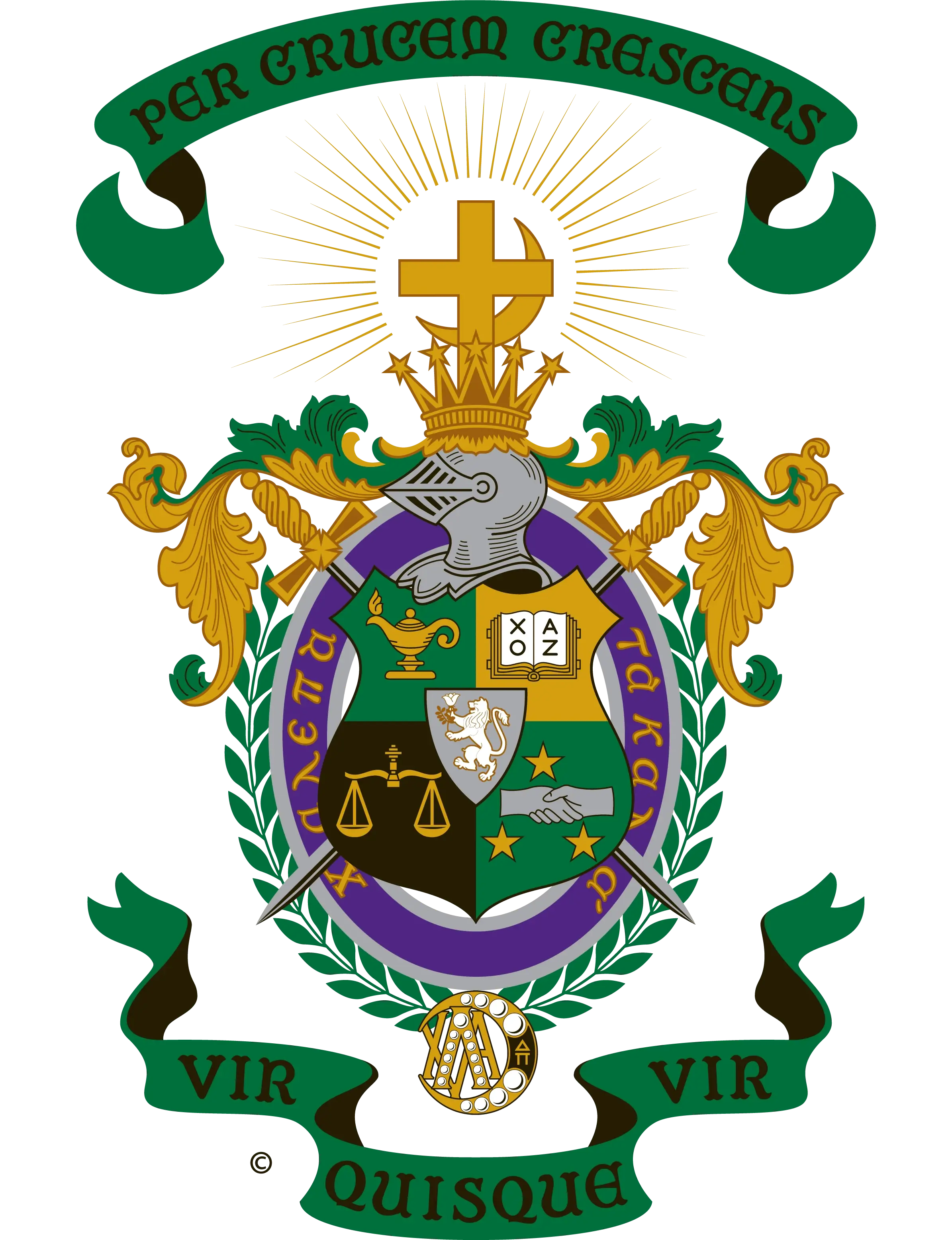 Lambda Chi Alpha fraternity coat of arms featuring a detailed shield with an oil lamp, open book, lion, scales of justice, clasped hands, and stars in green, gold, and purple, topped by a knight's helmet, crown, cross, and crescent, flanked by swords and laurel branches, with green banners