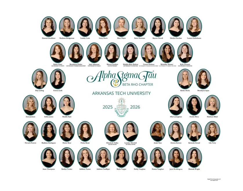Alpha Sigma Tau sorority composite with oval portrait photos in teal frames around a central crest and "Alpha Sigma Tau Beta Rho Chapter Arkansas Tech University 2025–2026" text on a white background. 