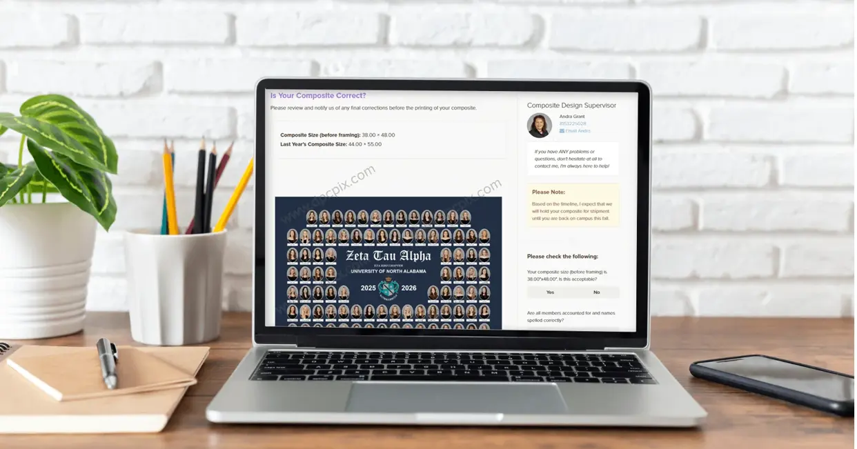 A laptop on a wooden desk displays a sorority composite proof email for review, representing the accuracy-proofing step before a composite is printed.