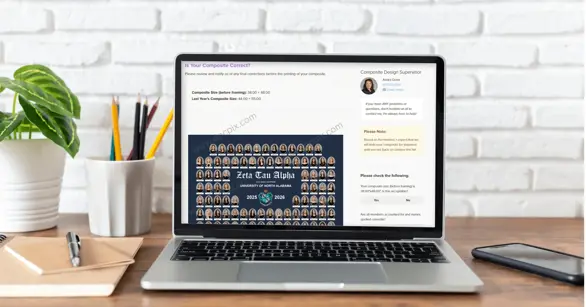 A laptop on a wooden desk displays a sorority composite proof email for review, representing the accuracy-proofing step before a composite is printed.