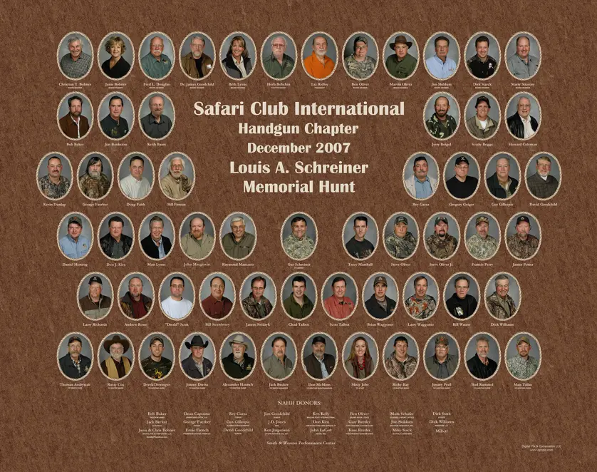 Hunting club members arranged in a composite photo with a brown leatherette background. 