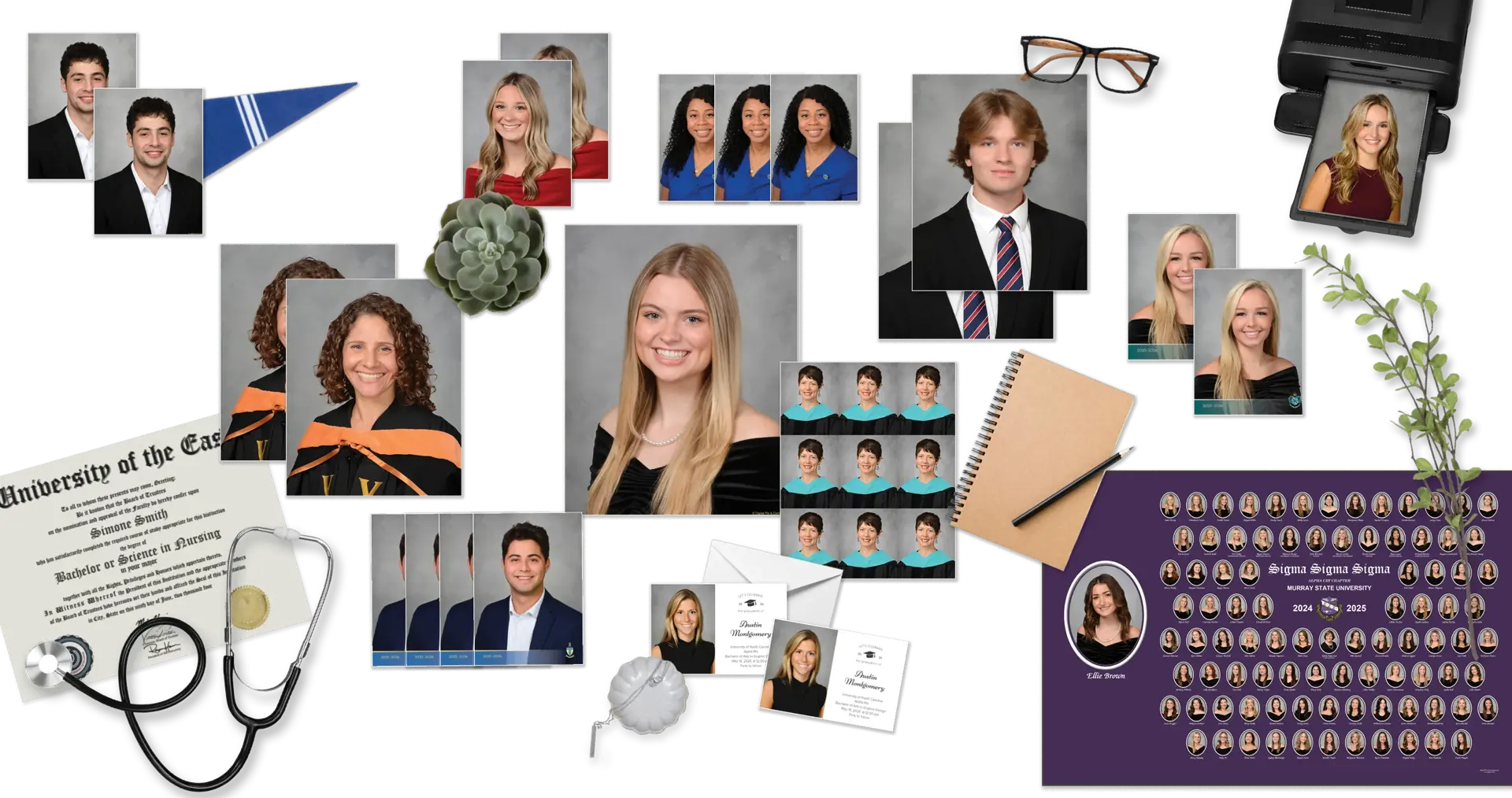 Collage of various pictures of sorority members, fraternity members, and graduate students. 