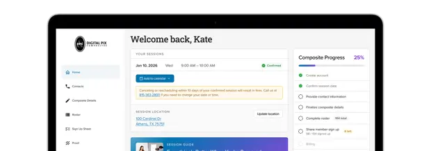 Composite Portal dashboard showing 'Welcome back, Kate' and a Composite Progress sidebar