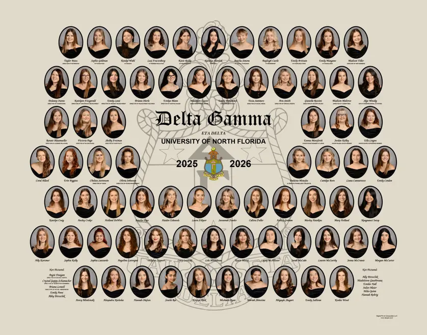 Delta Gamma sorority composite with oval portrait photos around a central crest and "Delta Gamma Eta Delta University of North Florida 2025–2026" text on a cream background. 
