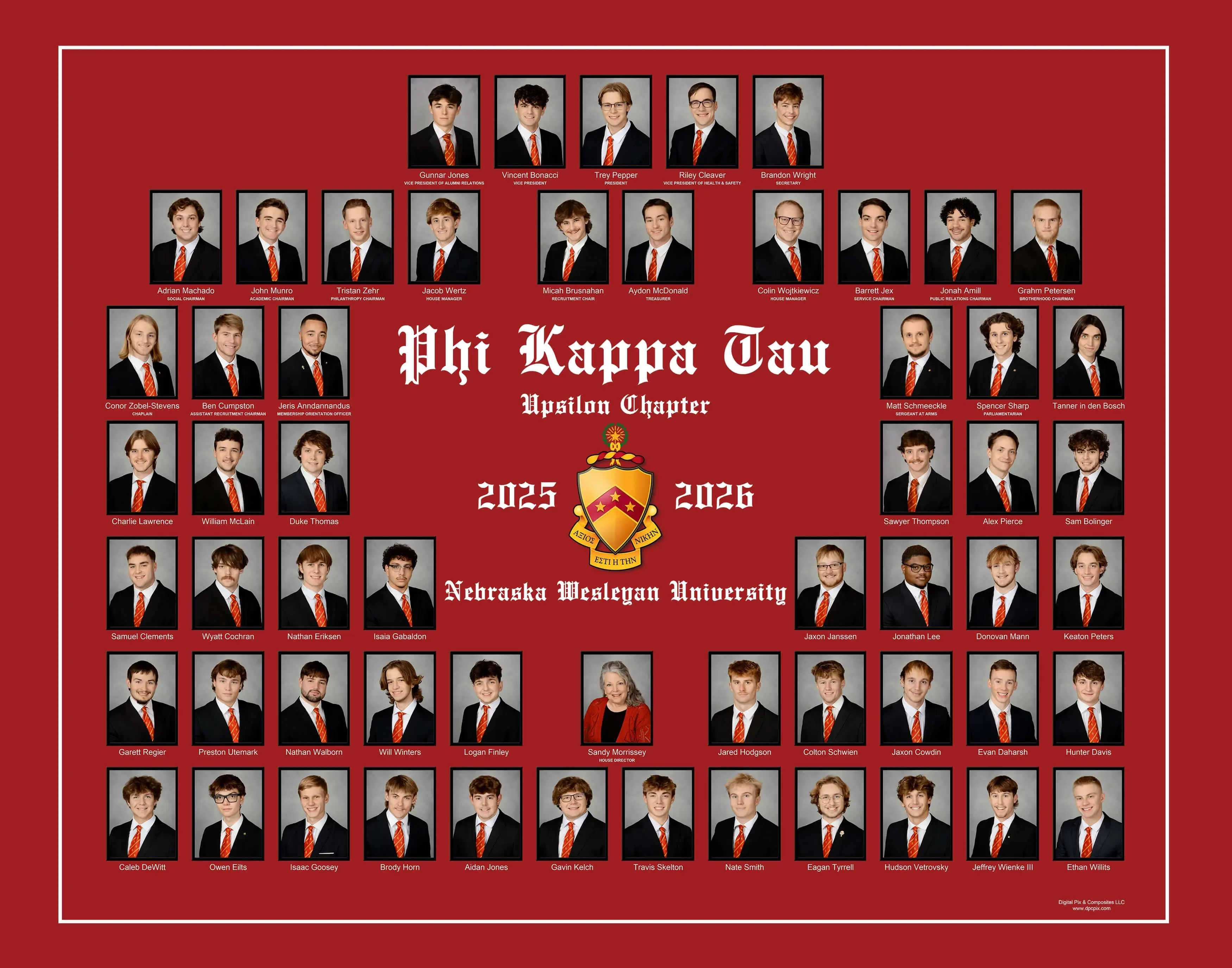 Phi Kappa Tau fraternity composite with rectangular portrait photos in dark frames arranged in rows around a central crest and "Phi Kappa Tau Upsilon Chapter 2025–2026 Nebraska Wesleyan University" text on a red background with a white outer border.