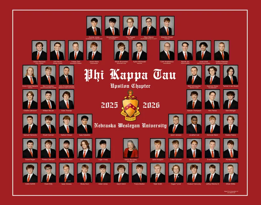 Phi Kappa Tau fraternity composite with rectangular portrait photos in dark frames arranged in rows around a central crest and "Phi Kappa Tau Upsilon Chapter 2025–2026 Nebraska Wesleyan University" text on a red background with a white outer border.