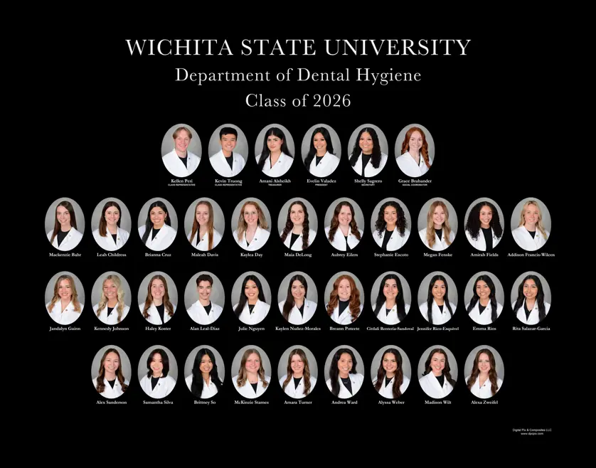 Dental hygiene graduates oval borderless portrait photos in rows with "Wichita State University, Department of Dental Hygiene" at the top on a black background.