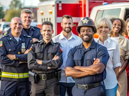 Group of first responders, including firefighters, paramedics, and officers, along with civilians standing in front of an emergency vehicle. 