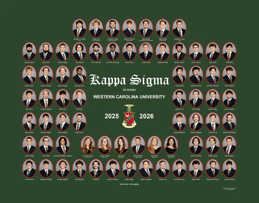 Kappa Sigma fraternity composite with oval portrait photos in red frames around a central crest and "Kappa Sigma Xi-Sigma Western Carolina University 2025–2026" text on a green background. 