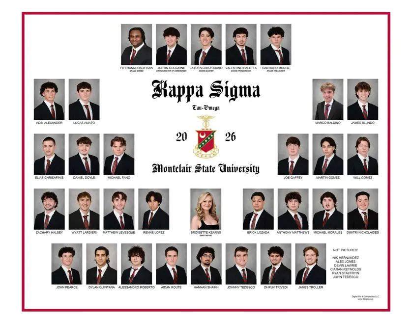 Kappa Sigma fraternity composite with rectangular borderless portrait photos arranged in rows around a central crest and "Kappa Sigma Tau-Omega 2026 Montclair State University" text on a white background with a red outer border.