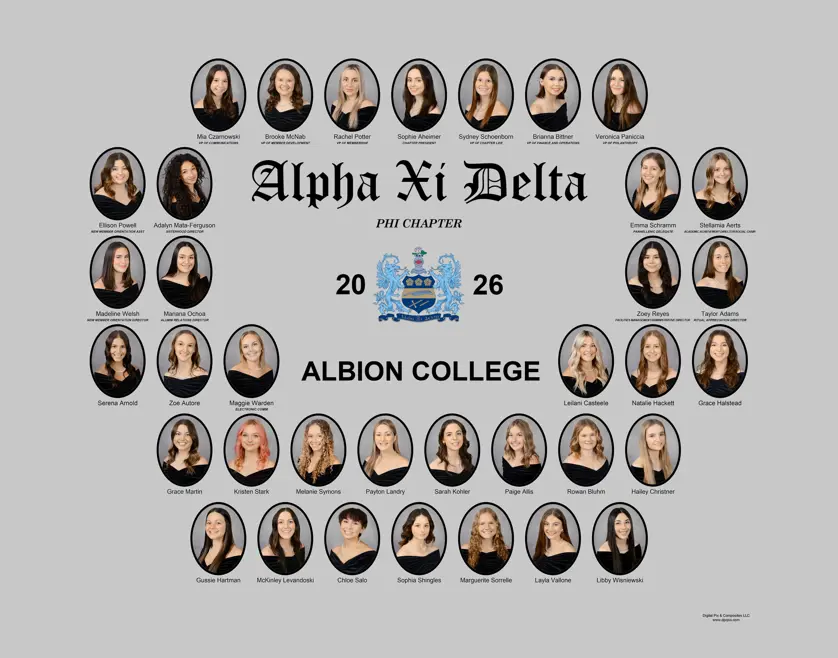 Alpha Xi Delta sorority composite with oval portrait photos in black frames around a central crest and "Alpha Xi Delta Phi Chapter 2026 Albion College" text on a gray background. 