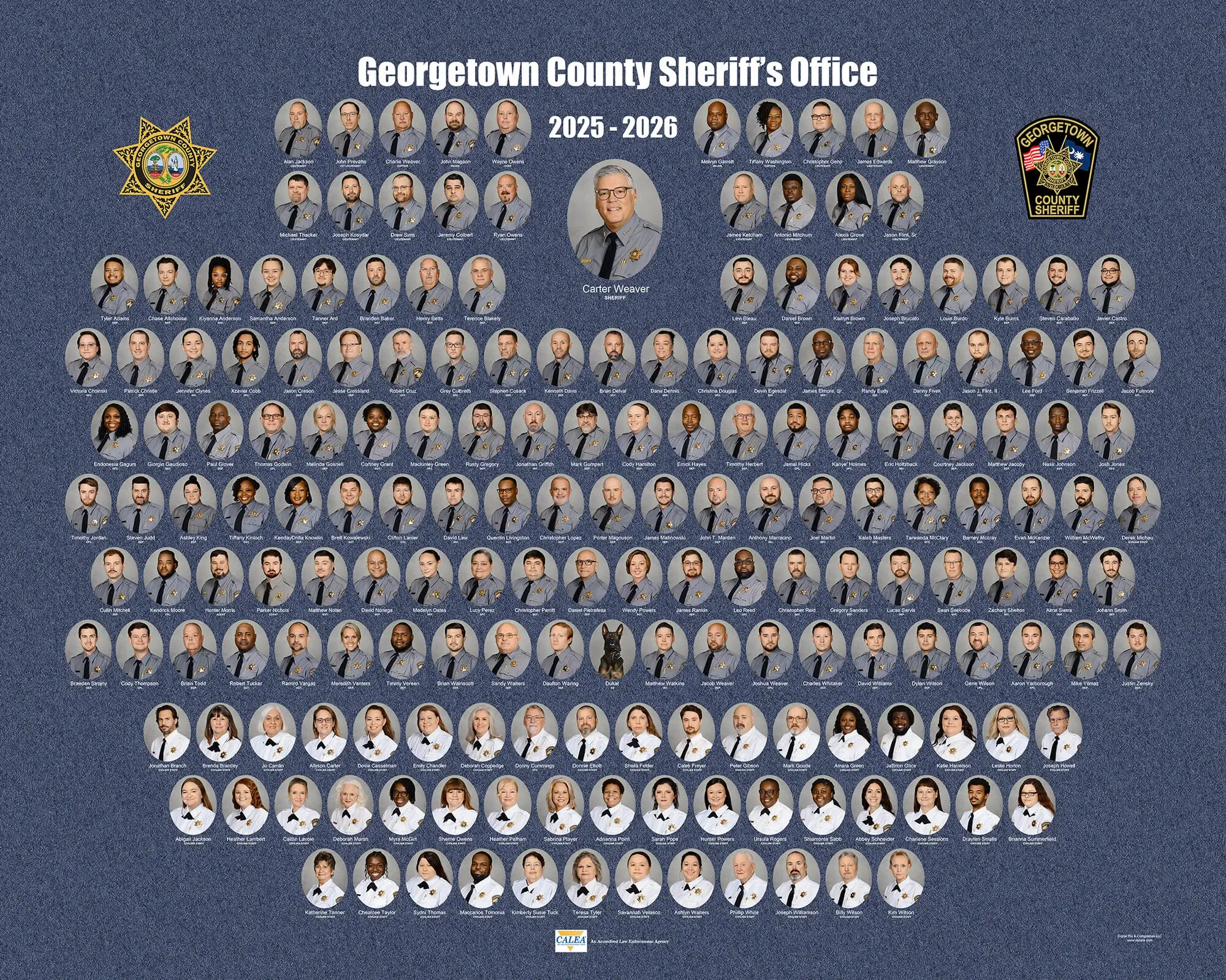 Georgetown County Sheriff's Office law enforcement composite with oval portrait photos arranged in rows around a central sheriff portrait and "Georgetown County Sheriff's Office 2025–2026" text on a blue textured background, with the department star badge and patch displayed on either side.