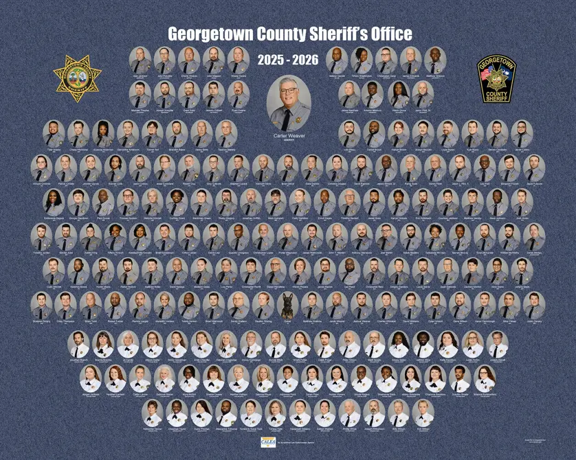 Georgetown County Sheriff's Office law enforcement composite with oval portrait photos arranged in rows around a central sheriff portrait and "Georgetown County Sheriff's Office 2025–2026" text on a blue textured background, with the department star badge and patch displayed on either side.