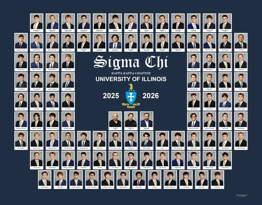 Sigma Chi fraternity composite with rectangular portrait photos around a central crest and "Sigma Chi Kappa Kappa Chapter University of Illinois 2025–2026" text on a navy background. 