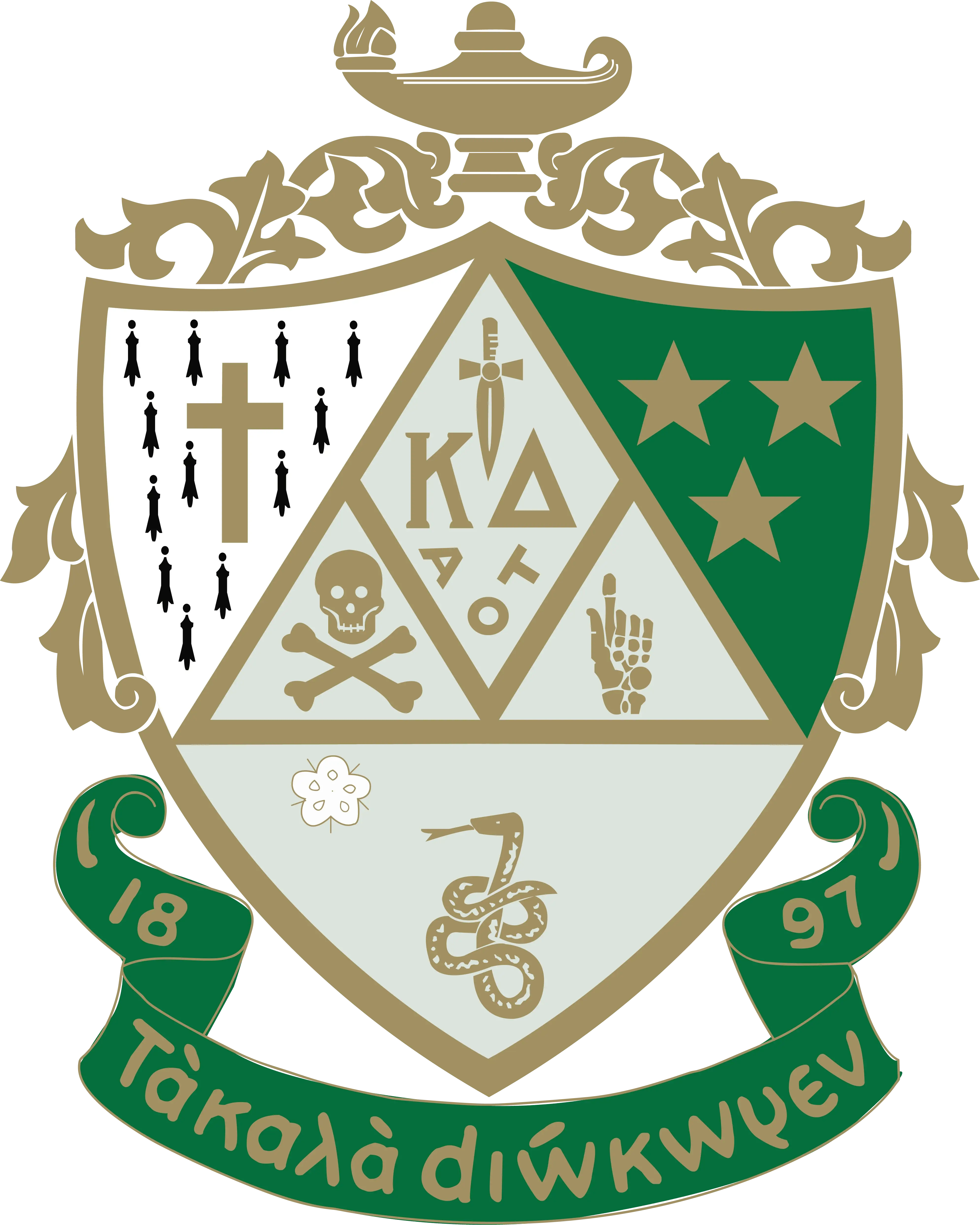 Kappa Delta sorority crest featuring a white and green shield with a cross, skull and crossbones, dagger, stars, a snake, and a flower, topped by an ornate gold lamp finial, with a green banner