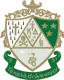 Kappa Delta sorority crest featuring a white and green shield with a cross, skull and crossbones, dagger, stars, a snake, and a flower, topped by an ornate gold lamp finial, with a green banner