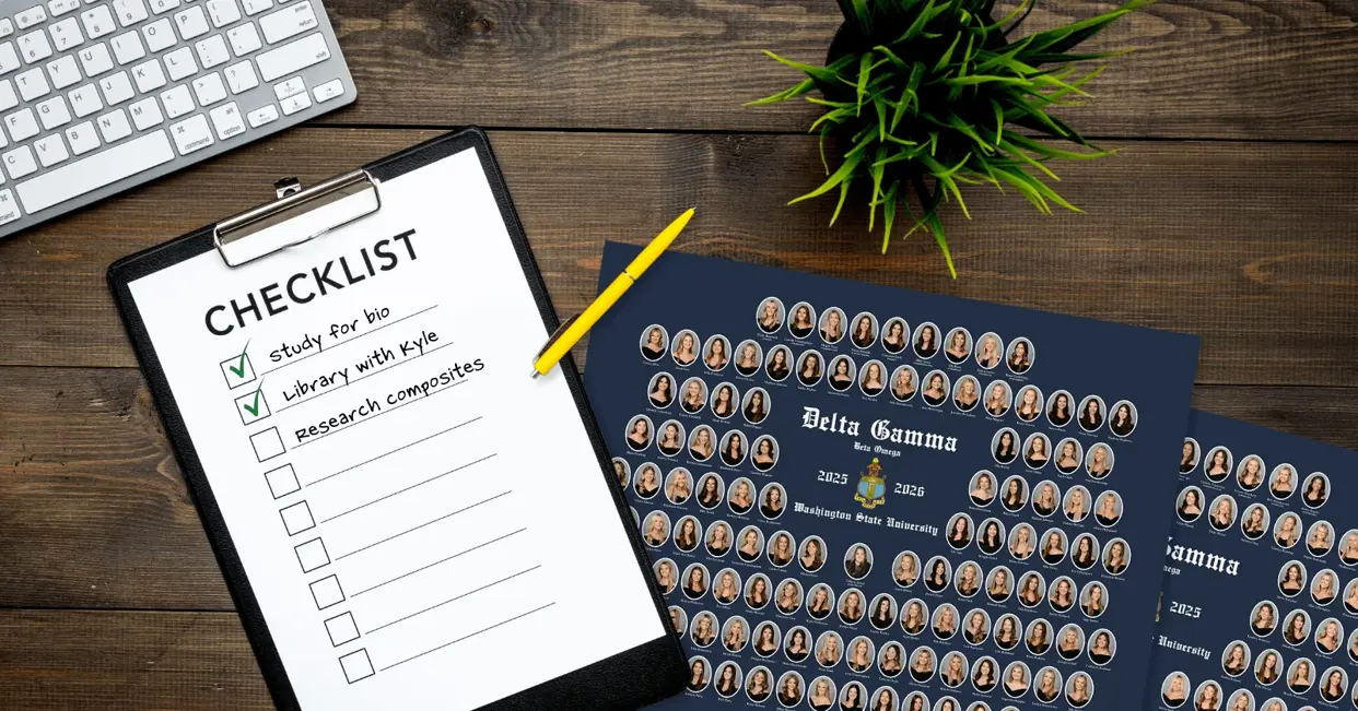 A checklist on a clipboard beside a navy Delta Gamma sorority composite, illustrating how to research and choose a composite company.