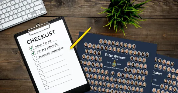A checklist on a clipboard beside a navy Delta Gamma sorority composite, illustrating how to research and choose a composite company.