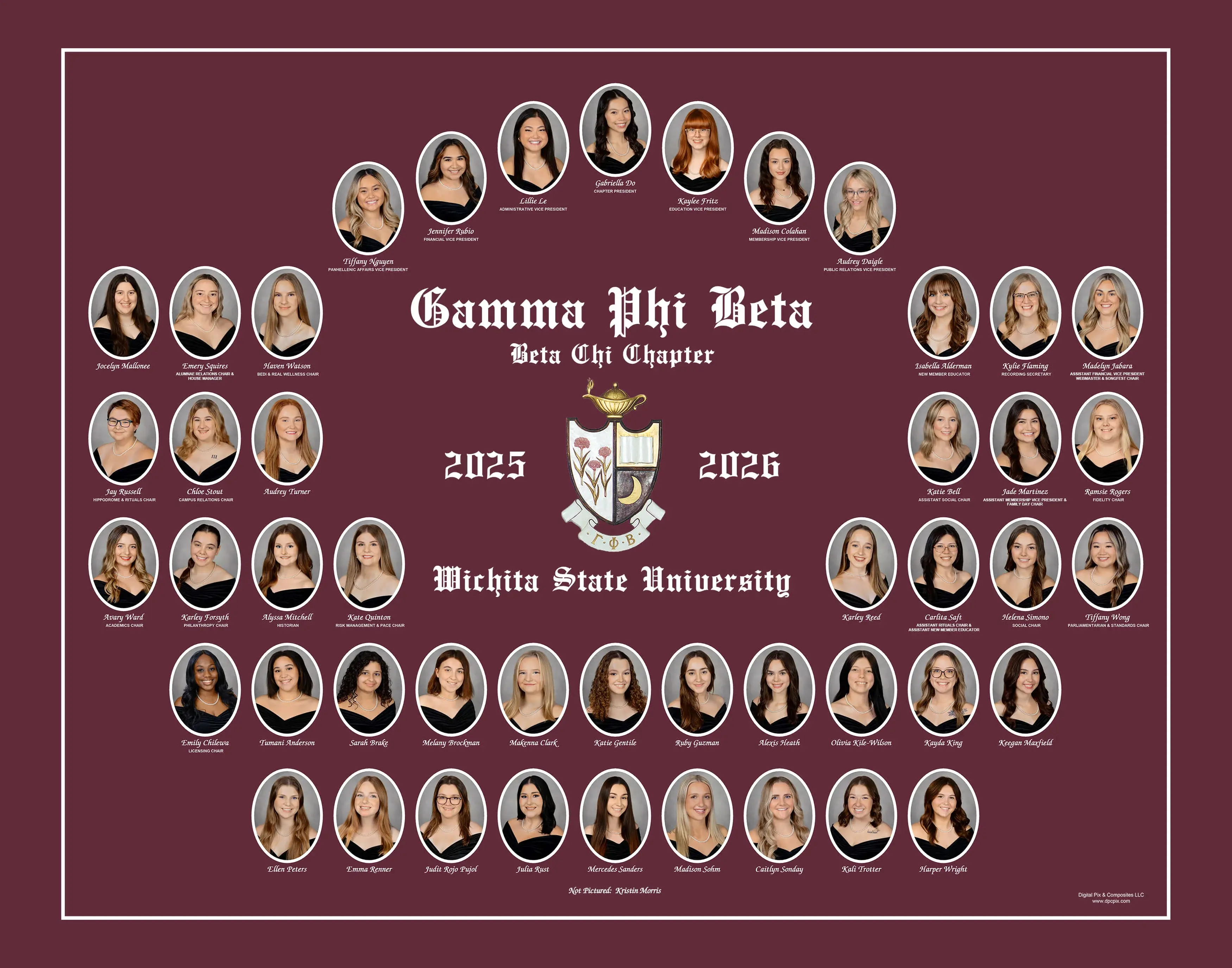 Sorority composite with oval portrait photos arranged in an arch at the top and then rows with "Gamma Phi Beta, Beta Chi Chapter" and the sorority crest in the middle on a maroon background with a white pinstripe border all the way around.