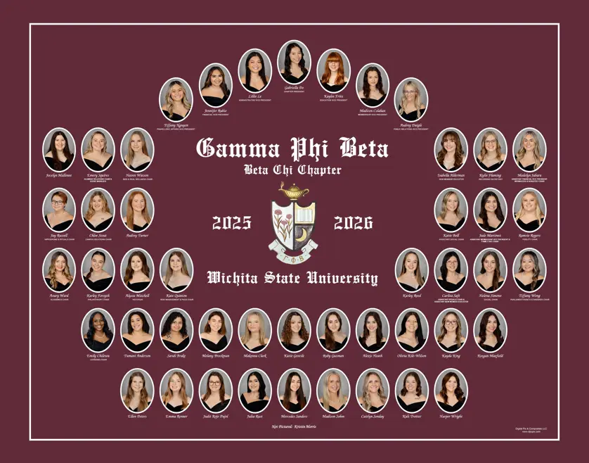 Sorority composite with oval portrait photos arranged in an arch at the top and then rows with "Gamma Phi Beta, Beta Chi Chapter" and the sorority crest in the middle on a maroon background with a white pinstripe border all the way around.