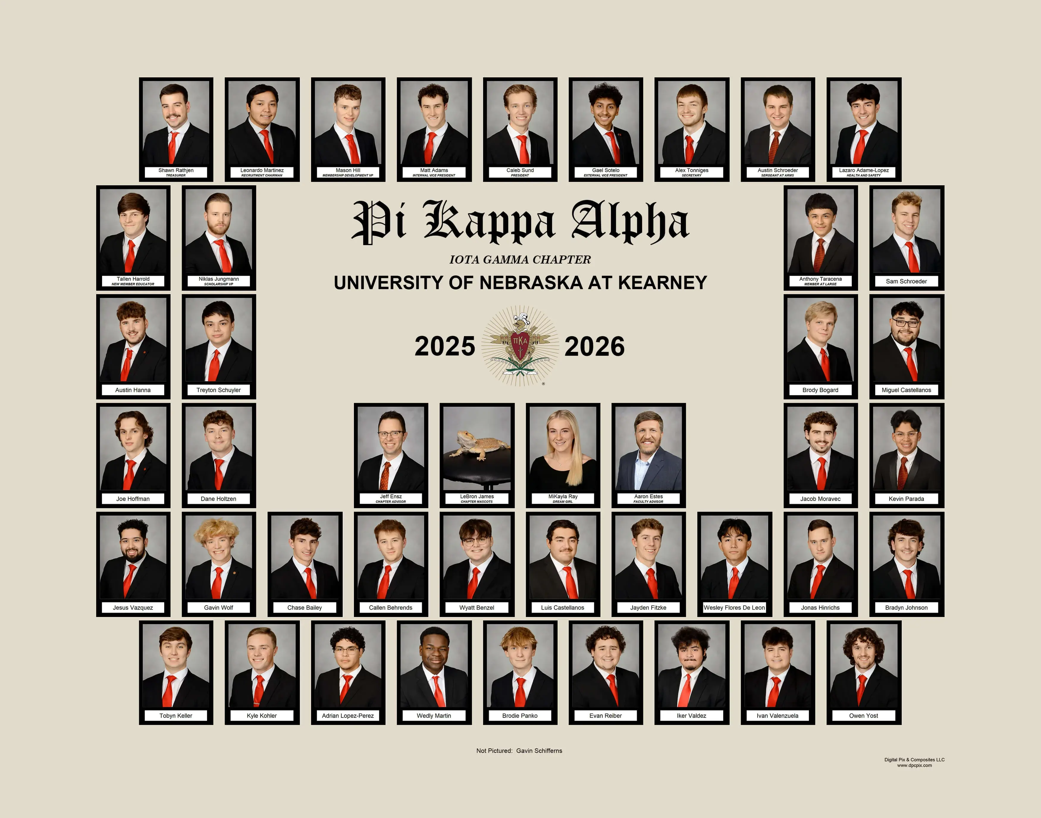 Pi Kappa Alpha fraternity composite with rectangular portrait photos in black frames arranged in rows around a central crest and "Pi Kappa Alpha Iota Gamma Chapter University of Nebraska at Kearney 2025–2026" text on a cream background.