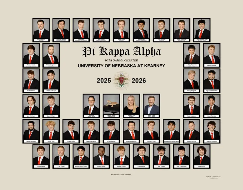 Pi Kappa Alpha fraternity composite with rectangular portrait photos in black frames arranged in rows around a central crest and "Pi Kappa Alpha Iota Gamma Chapter University of Nebraska at Kearney 2025–2026" text on a cream background.