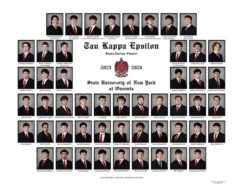Tau Kappa Epsilon fraternity composite with rectangular portrait photos around a central crest and "Tau Kappa Epsilon Sigma-Epsilon Chapter 2025–2026 State University of New York at Oneonta" text on a white background. 